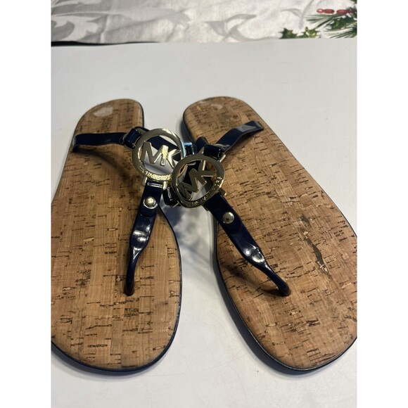Michael Kors jet set jelly Cork flip flop MK Metal Logo Navy Blue Sz 7 - Picture 2 of 13